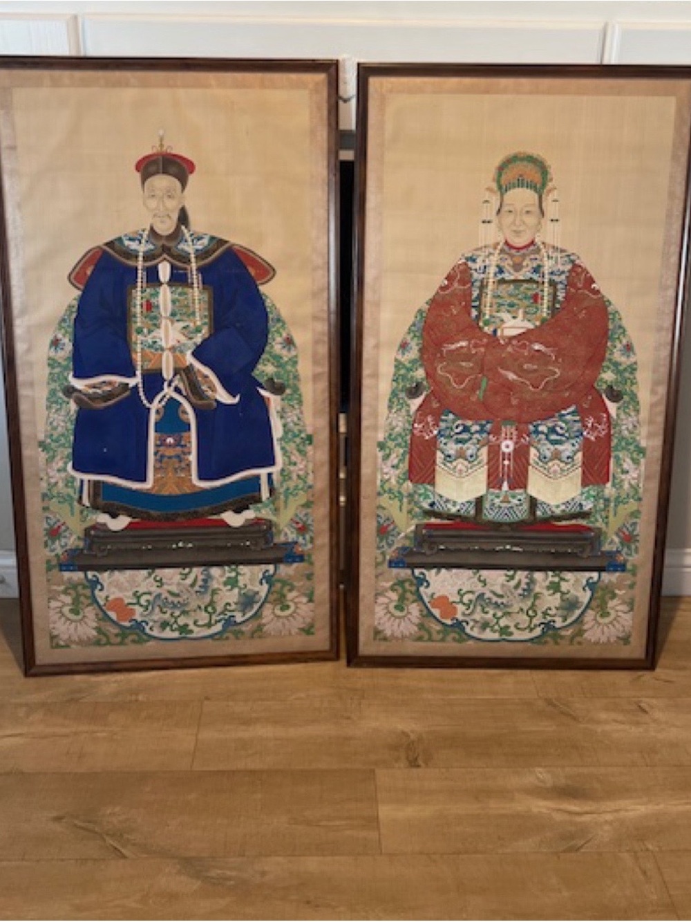 Framed Pair of Traditional Silk Ancestral Portraits in Blue and Red - 28”x54”